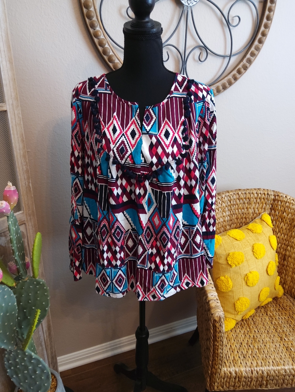 crown & ivy Geometric Print Long-Sleeve Top in Burgundy and Teal